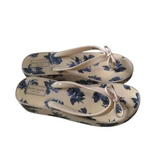Kate Spade Women's Size 9M White Blue Floral Rhett Platform Wedge Thong Sandals